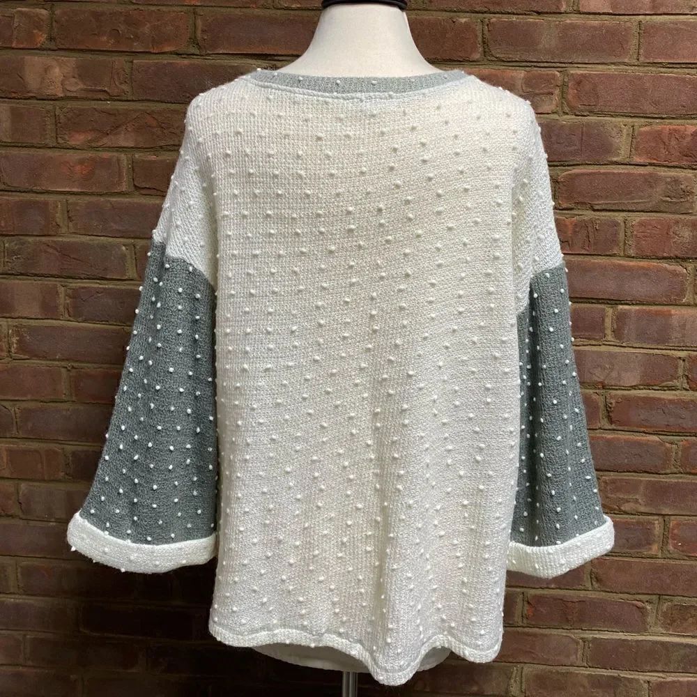 Blu Pepper Sage & Cream 3/4 Bell Sleeve Lightweight Sweater - Picture 2 of 6